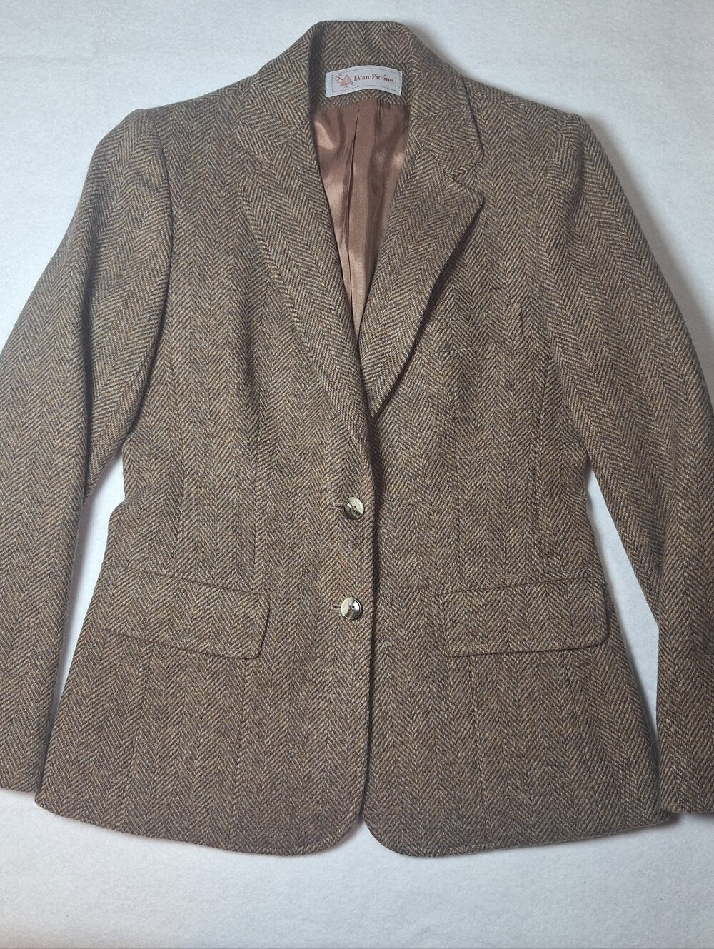 Evan Picone Vintage Wool Herringbone Women’s Blazer Brown Size 8 with Pockets